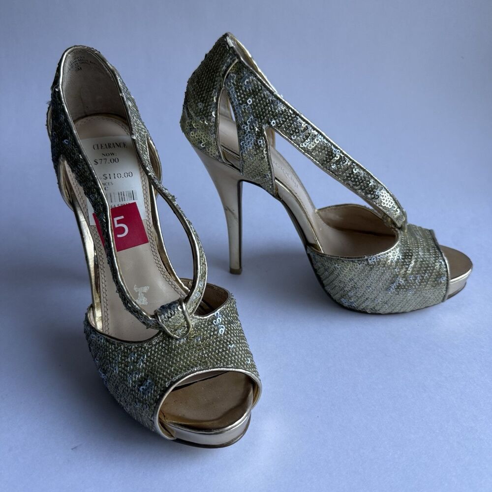 ENZO ANCIOLINI-Women’s Gold Sequin Peep Toe High Heel Shoes–sandals -Size 5 NWD